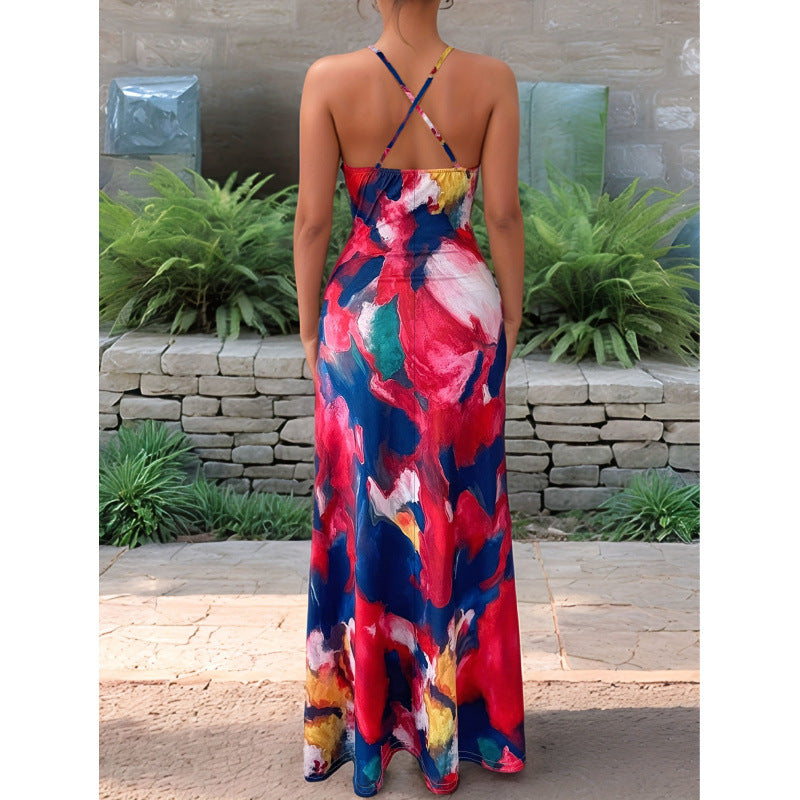 Damen Maxikleid mit floralem Aquarelldruck und schmalen Spaghetti-Trägern Drune
