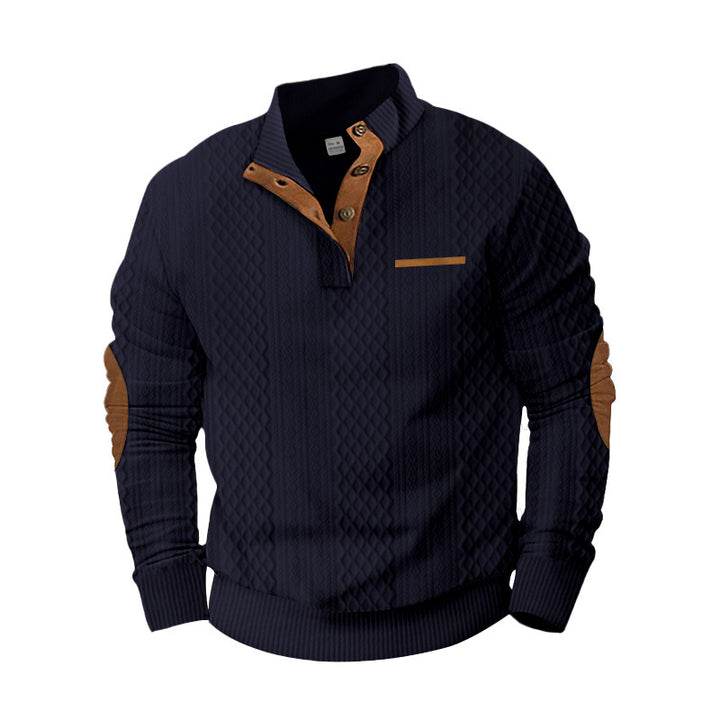 Herren nan strukturiertes Halbknopf-Pullover mit gesteppter Oberfläche, Ellbogen-Patches und Stehkragen Drune