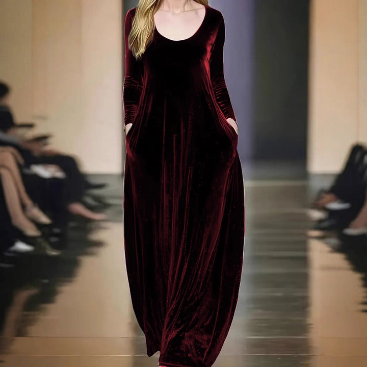 Damen Maxikleid aus samtigem Material mit praktischen Taschen Drune
