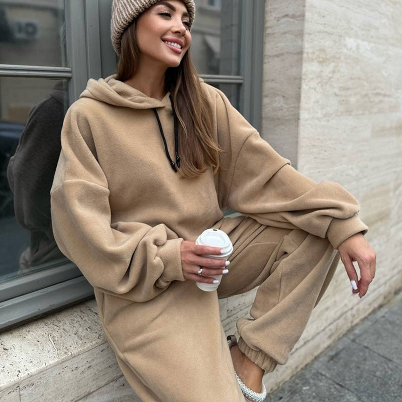 Damen Kuscheliges Fleece-Loungewear-Set mit Kapuze und weitem Schnitt Drune