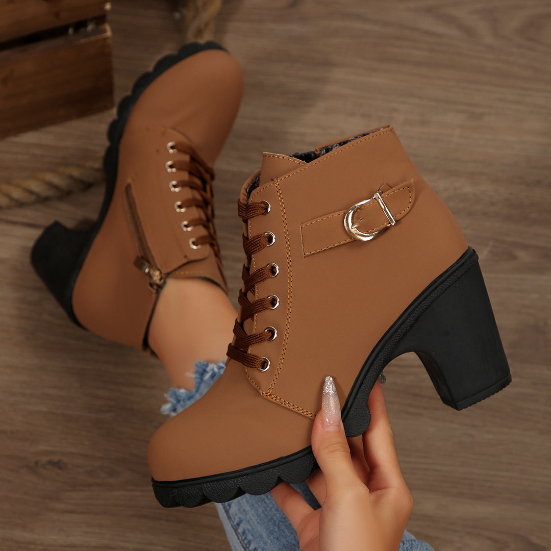 Damen nan knöchelhohe Schnürstiefelette mit robustem Blockabsatz und profilstarker Lugsohle Drune