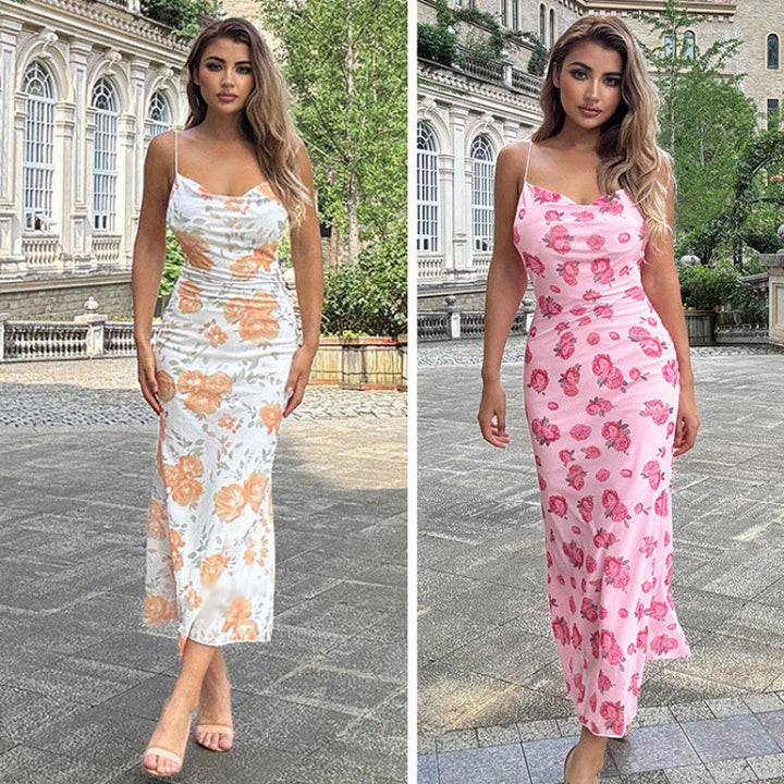 Damen Langes Blumenkleid mit feinen Trägern und figurbetontem Schnitt Drune