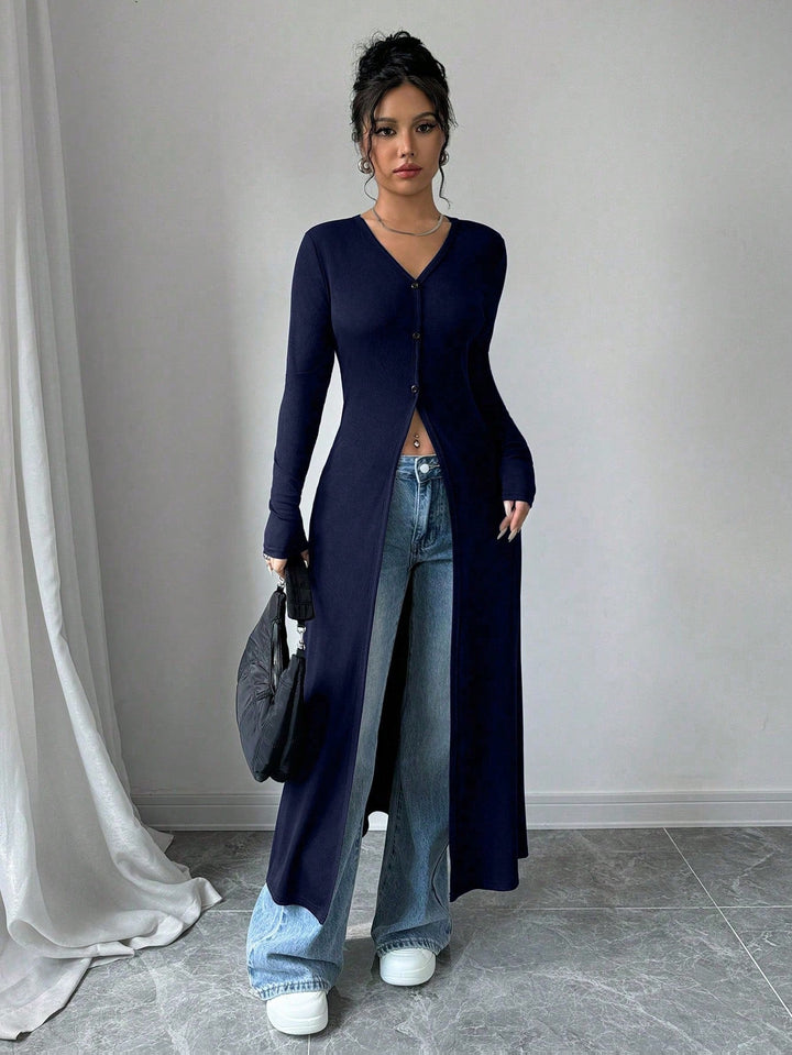 Damen Langstrickjacke mit V-Ausschnitt und Knopfverschluss Drune