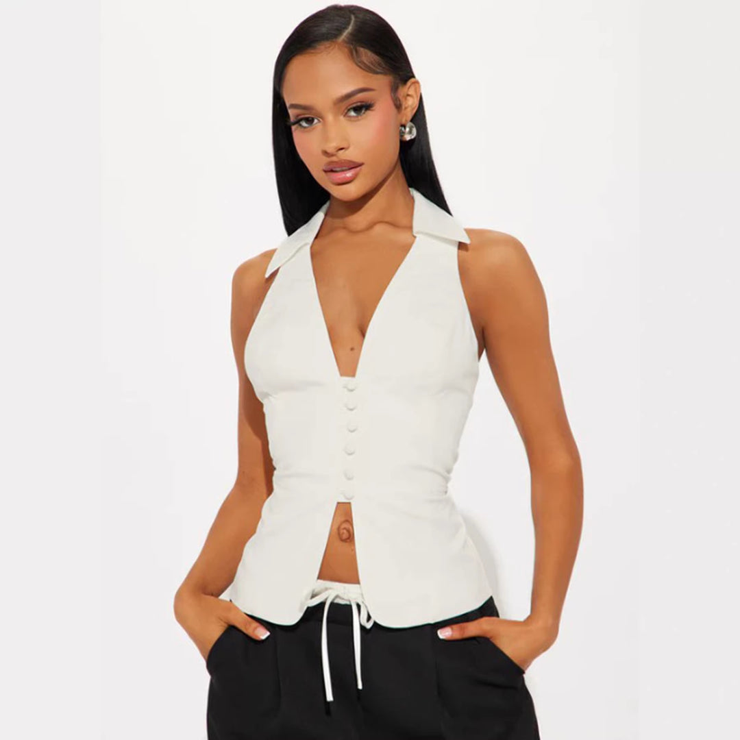 Damen elegant geschnittenes Wickeloberteil mit Knopfleiste und Kragen Drune