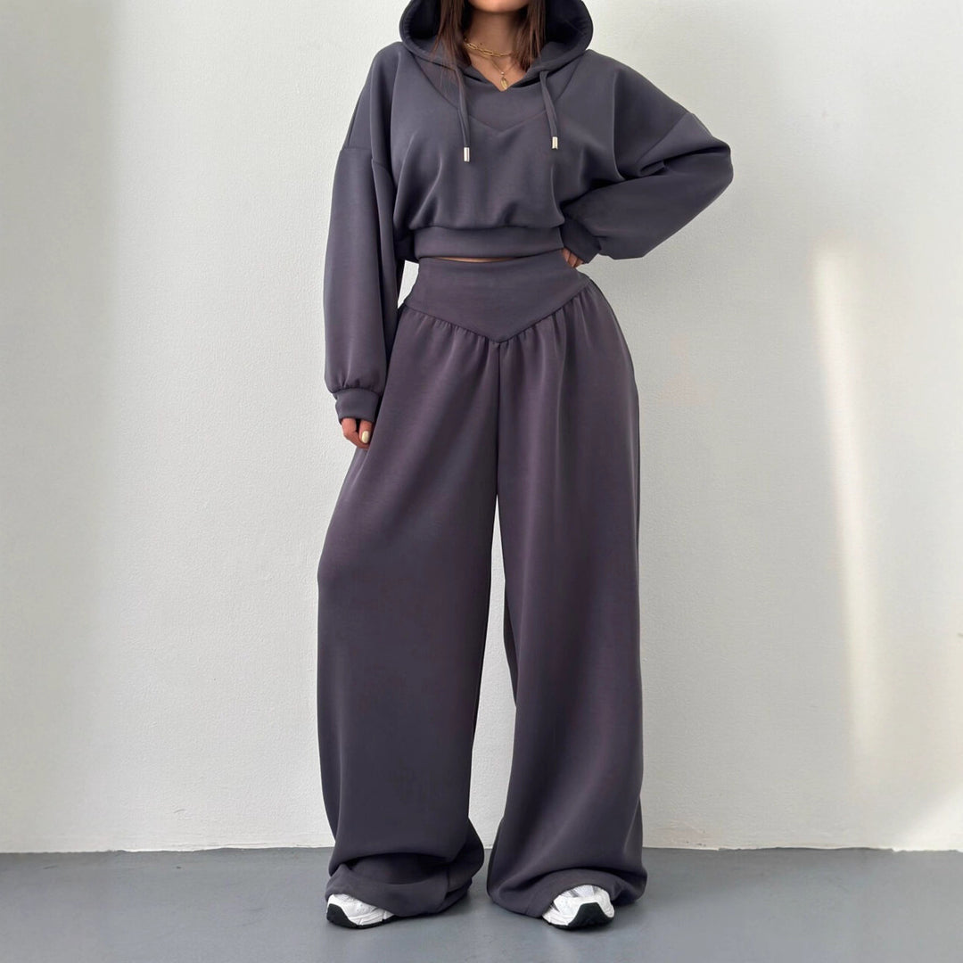 Damen modisches Set aus cropped Hoodie und weitem Bund-Hose Drune