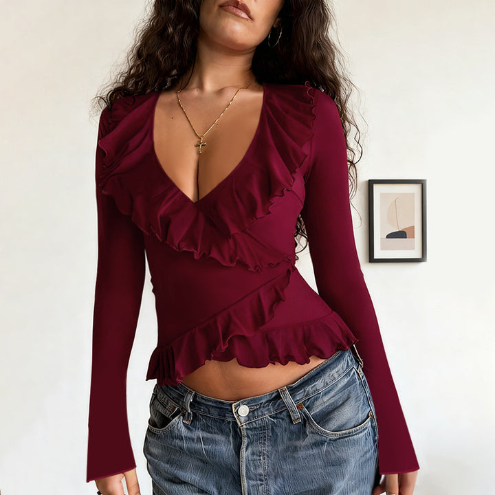 Damen lässiges Wickeloberteil mit Rüschendetails und V-Ausschnitt Drune