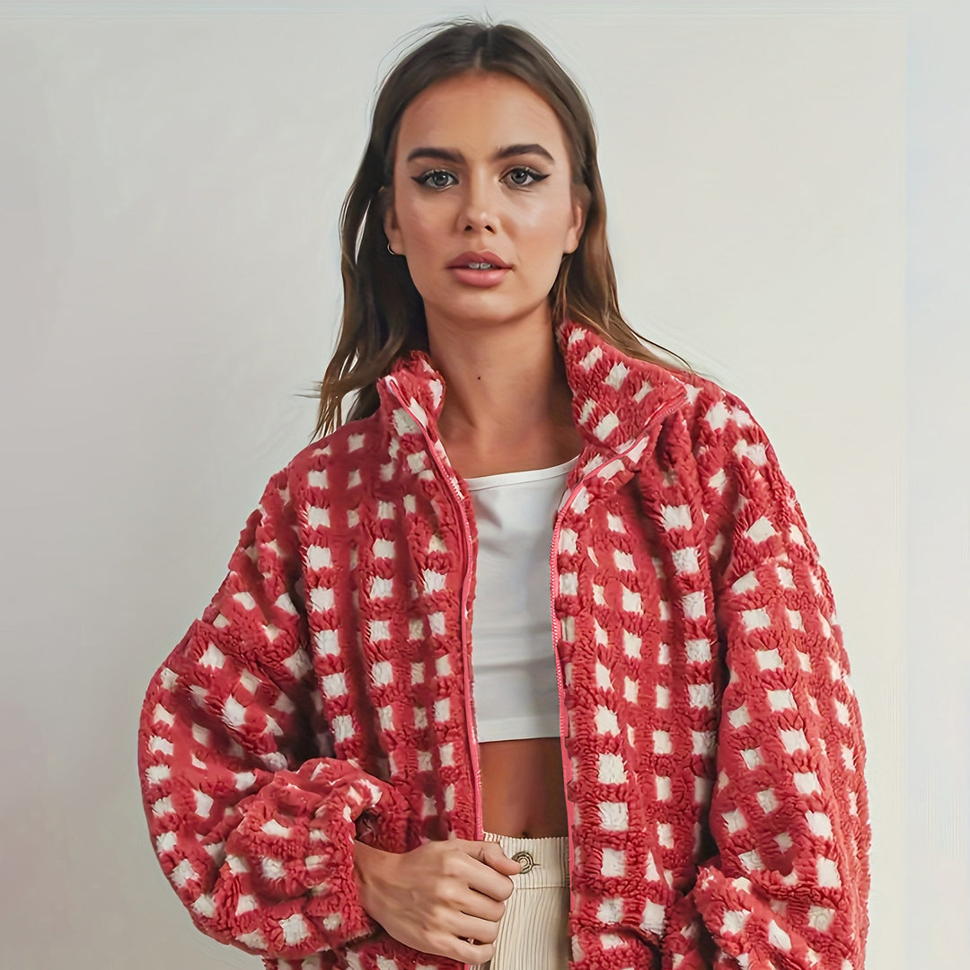 Damen kuschelige Oversized Fleecejacke mit Karomuster und hohem Kragen Drune