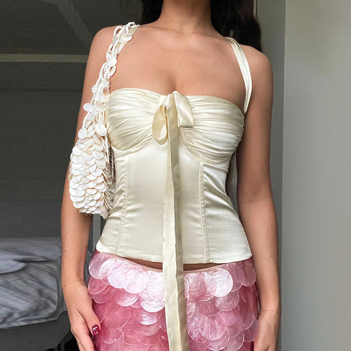 Damen Satin-Oberteil mit verspieltem Rüschendetail und dekorativem Bindeband Drune