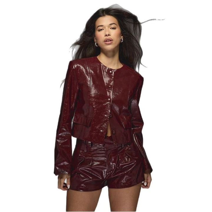 Damen Kunstlederjacke mit glänzendem Finish und eleganten Blenden Drune