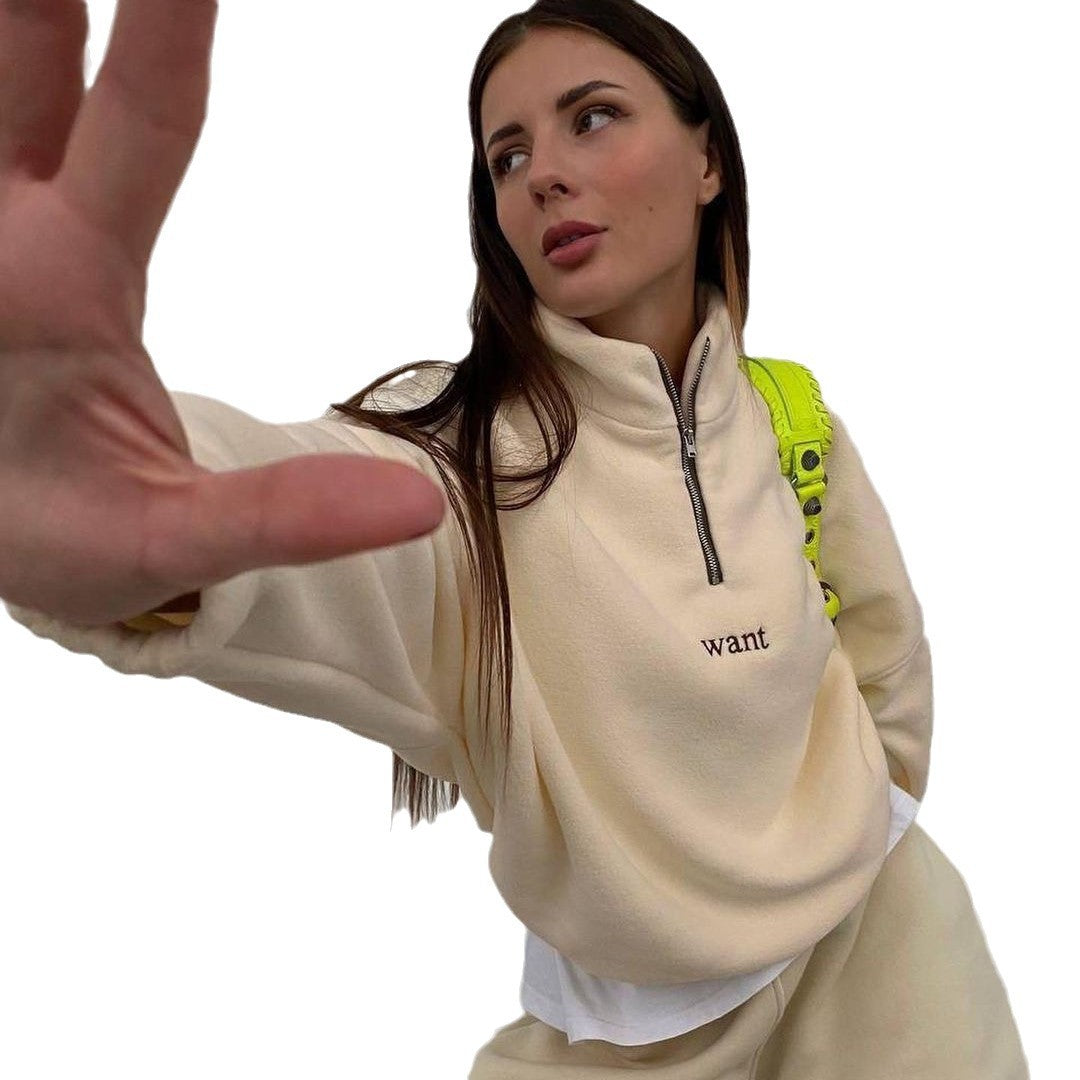 Damen modischer Fleece-Pullover mit Halb-Reißverschluss und überschnittenen Schultern Drune