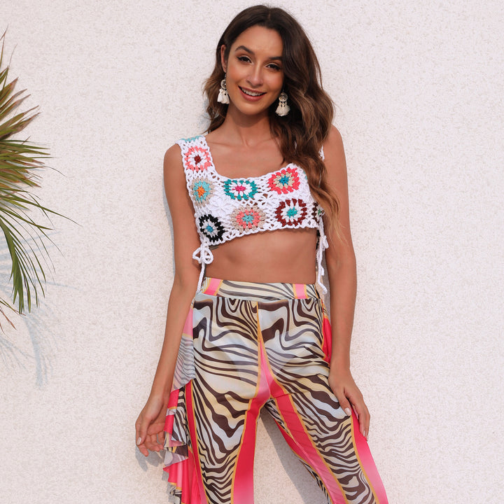 Damen gehäkeltes Crop-Top mit bunten Blumenmotiven Drune