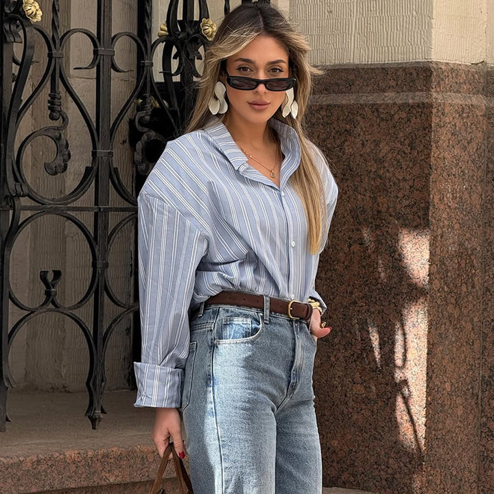 Damen lässige Oversize-Hembluse mit Streifen Drune