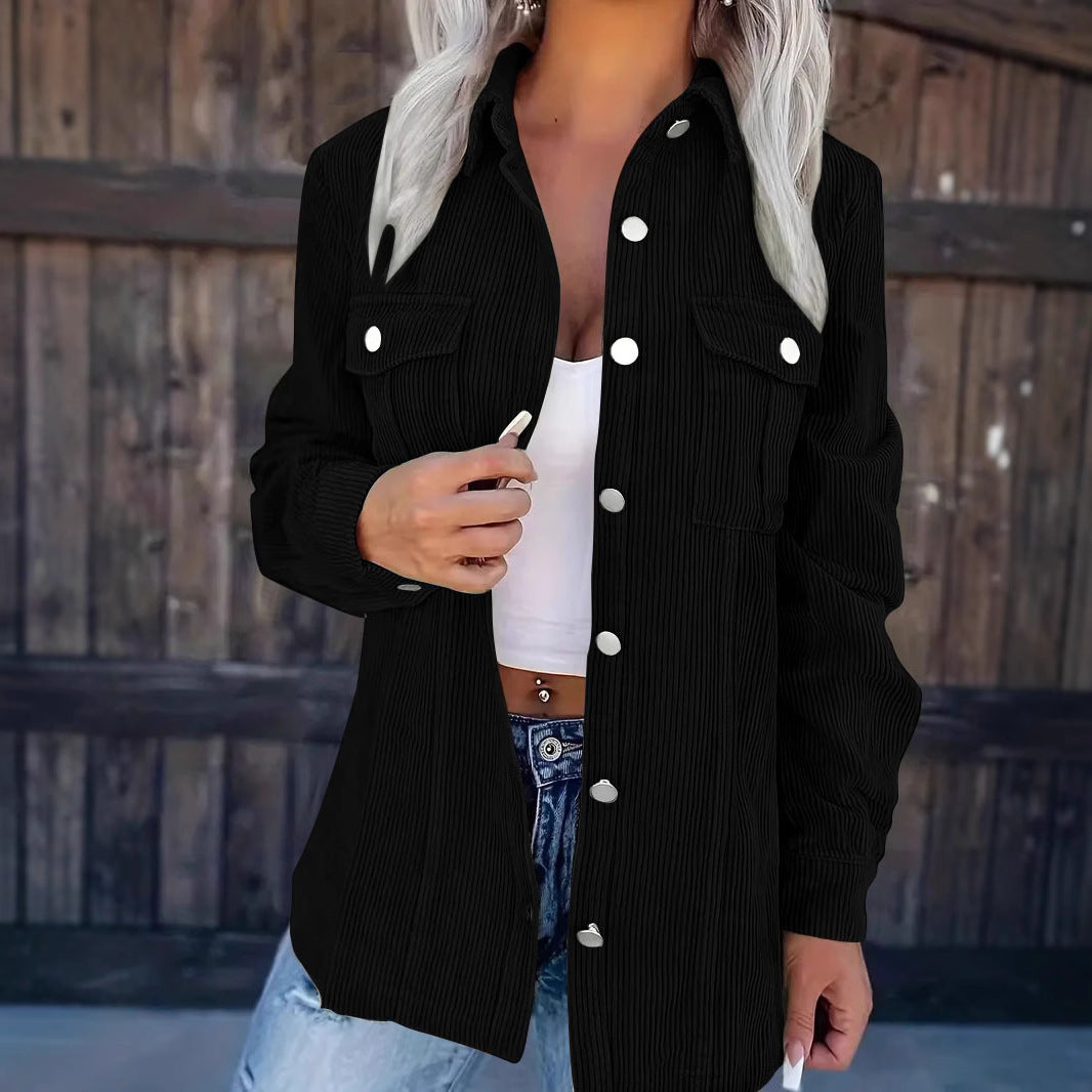 Damen Hemdblusenjacke aus feinem Strukturstoff mit aufgesetzten Taschen und Druckknopfverschluss Drune