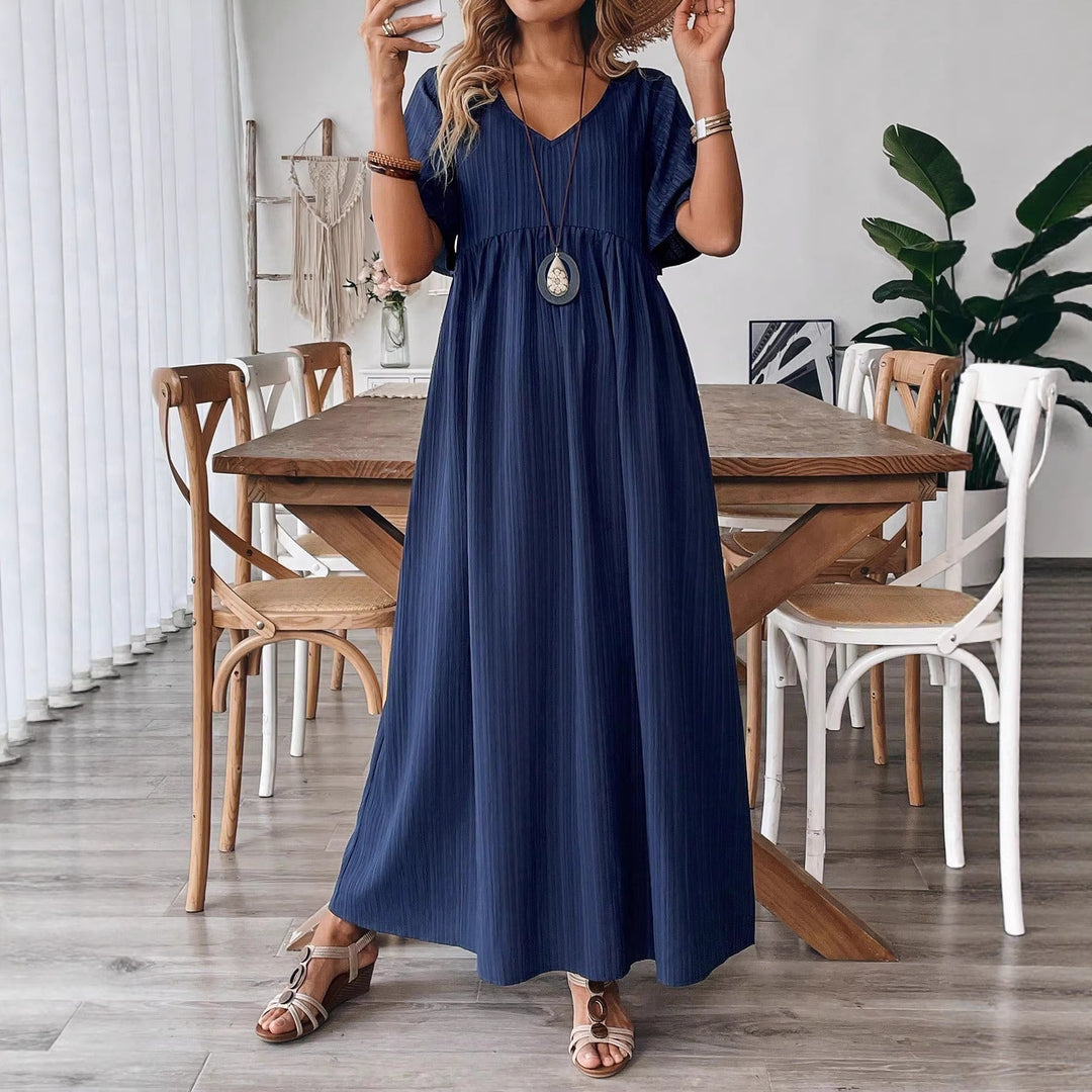 Damen Maxikleid mit feinen Falten und V-Ausschnitt Drune