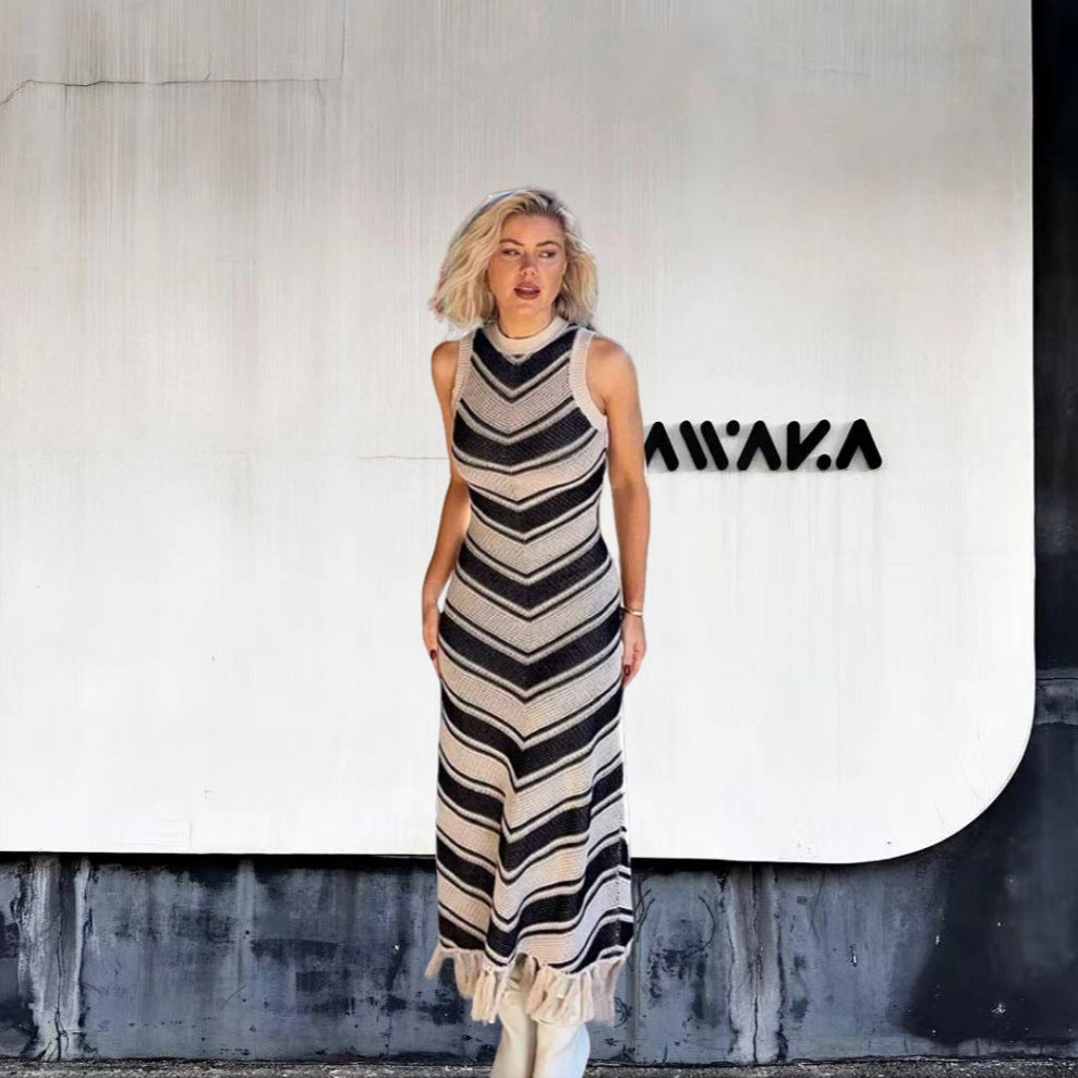 Damen Maxikleid mit Chevron-Muster und fransigen Details Drune