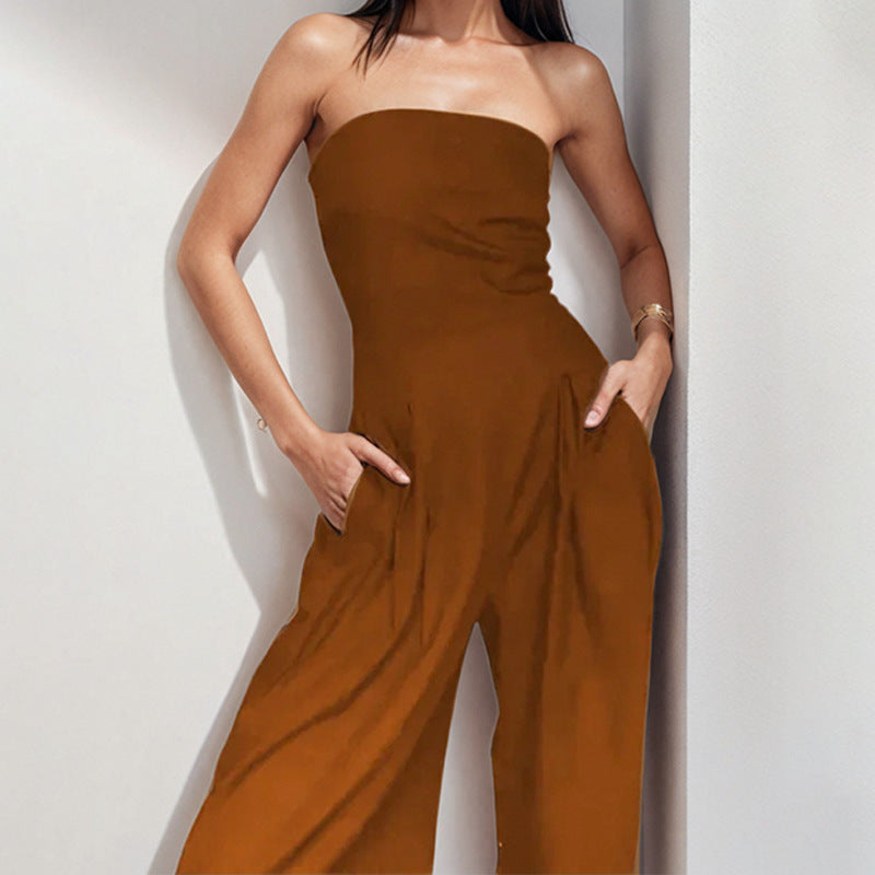Damen Hochwertiger Jumpsuit mit schulterfreiem Design und weitem Bein Drune