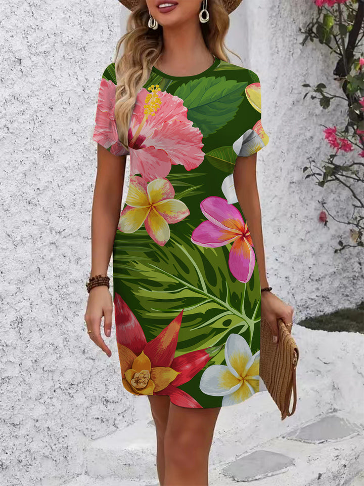 Damen lässiges T-Shirt Kleid mit buntem Blumenmuster und bequemem Schnitt Drune