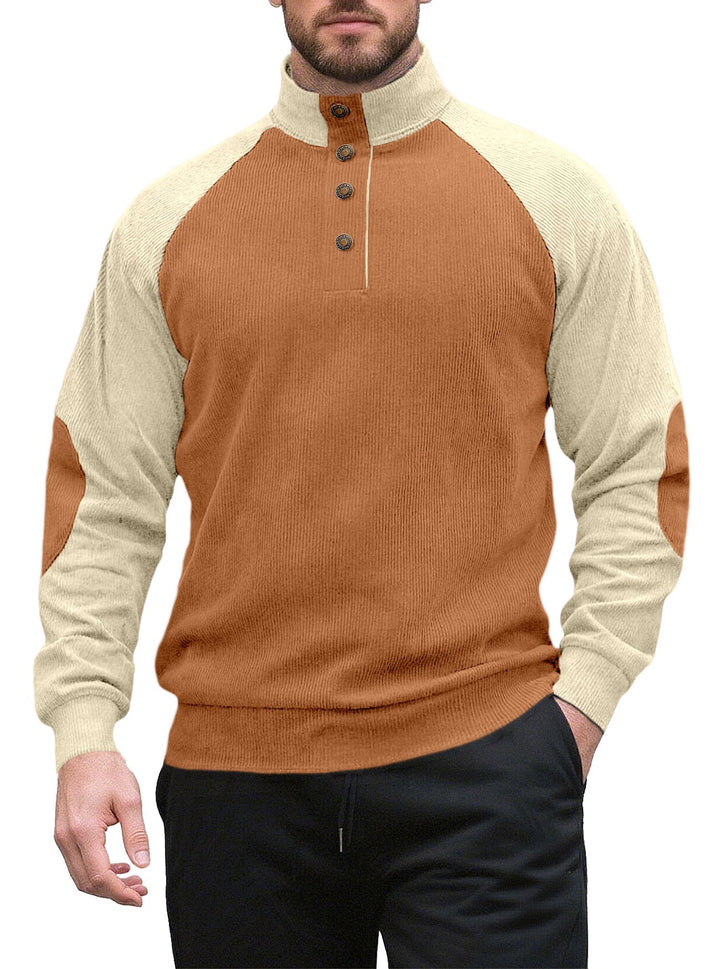 Herren nan zweifarbiger Ripptroyer mit asymmetrischer Knopfleiste und Velours-Ellbogenpatch Drune