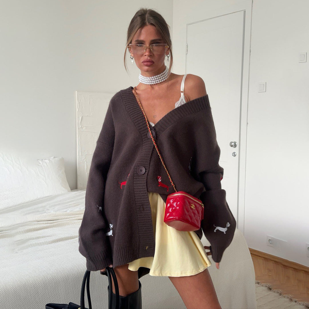 Damen Großer Strickcardigan mit tierischen Applikationen Drune