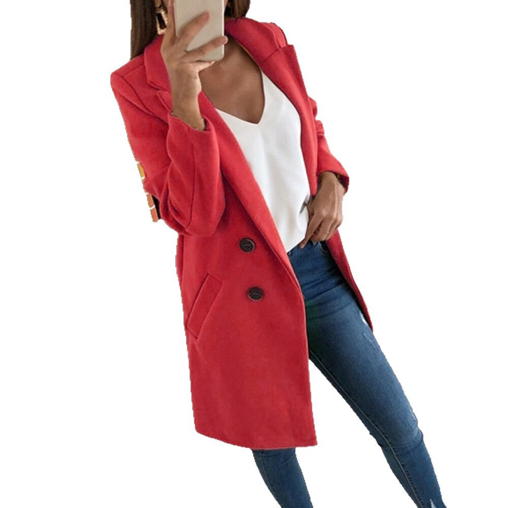 Damen eleganter und warmer Longblazer mit doppelter Knopfleiste Drune