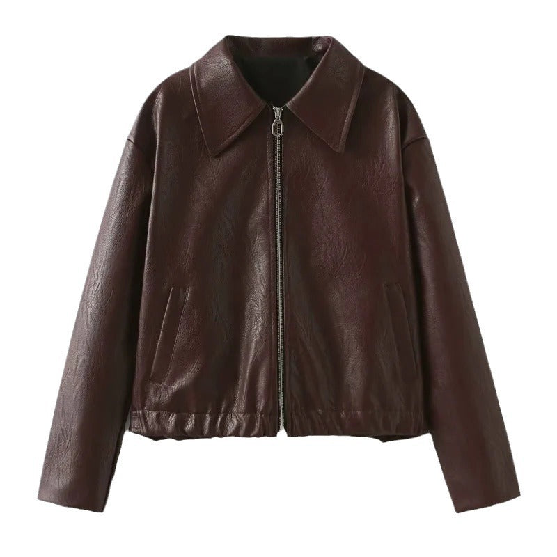 Damen Oversized Kunstlederjacke mit breitem Kragen und Reißverschluss Drune