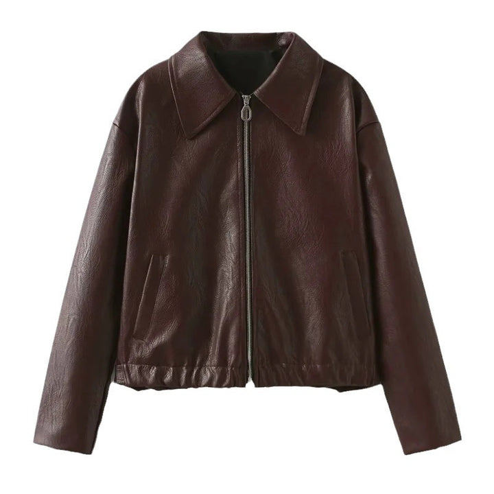 Damen Oversized Kunstlederjacke mit breitem Kragen und Reißverschluss Drune