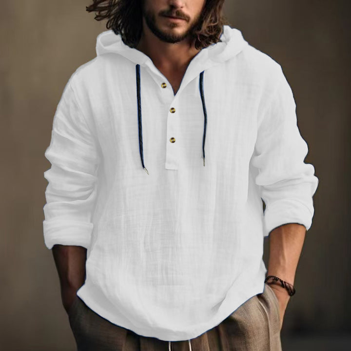 Herren nan leichtes Kapuzen-Henley Leinenhemd mit Knopfleiste und Kordelzug Drune