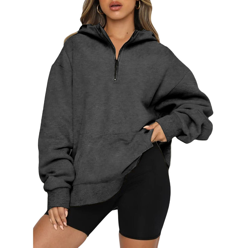 Damen Oversize Kapuzenpullover mit halbem Reißverschluss Drune
