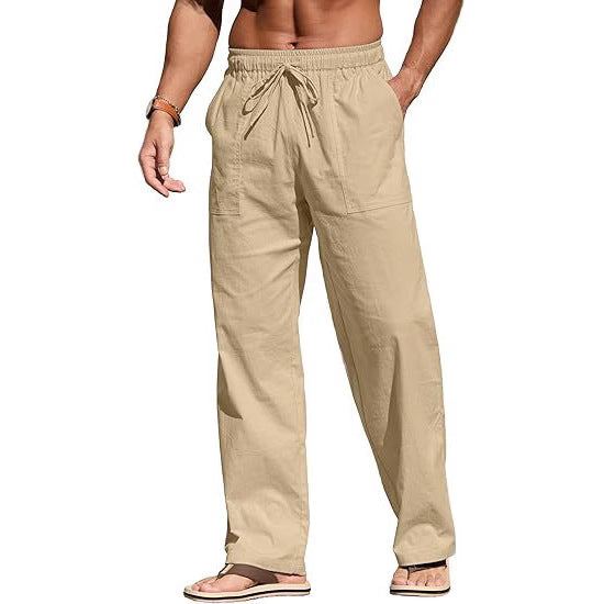 Herren nan leichte Leinenhose mit elastischem Bund, Kordelzug und aufgesetzten Taschen Drune