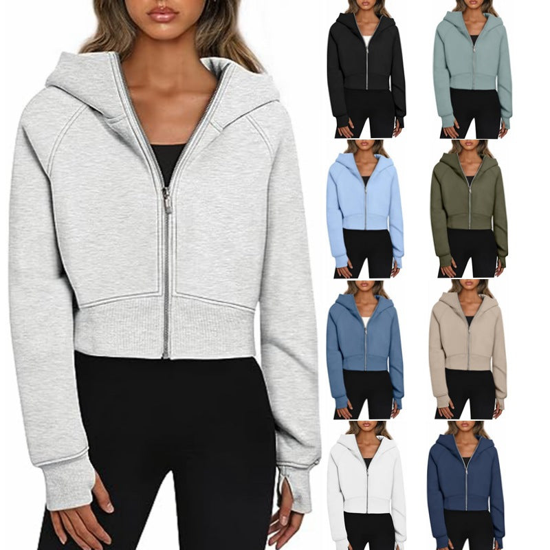 Damen Cropped Sweatjacke mit Reißverschluss und Kapuze Drune