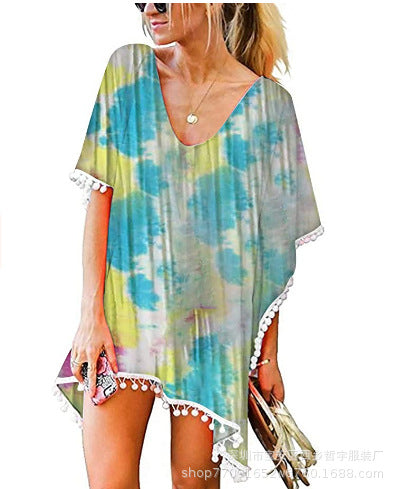 Damen Strandtunika mit floralem Design und Poncho-Art Drune