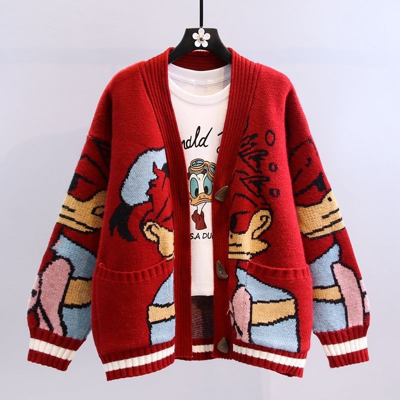 Damen Cartoon-Design Strickjacke mit breiten Ärmeln und Taschen Drune