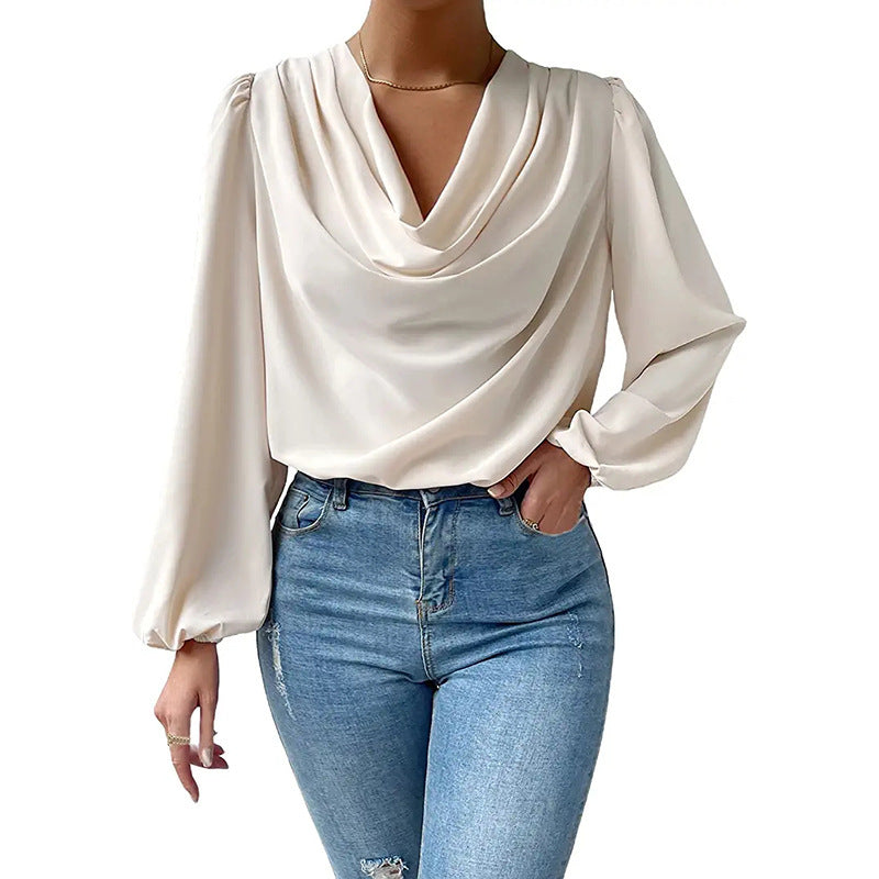 Damen Elegantes Langarm-Blusenoberteil mit Drapierung und weitem Schnitt Drune