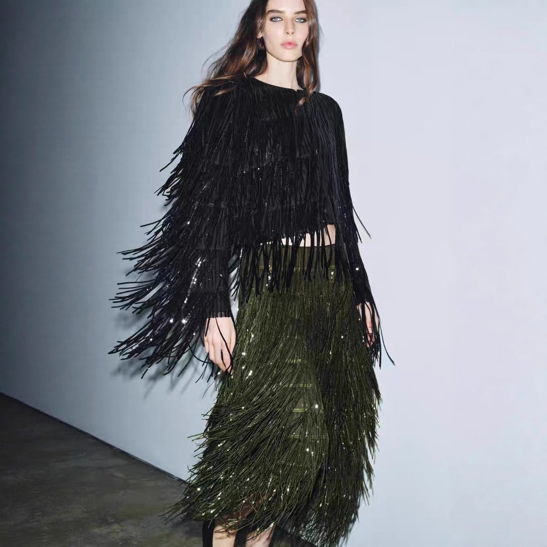 Damen Fransenrock aus schimmerndem Material mit eleganten Details Drune