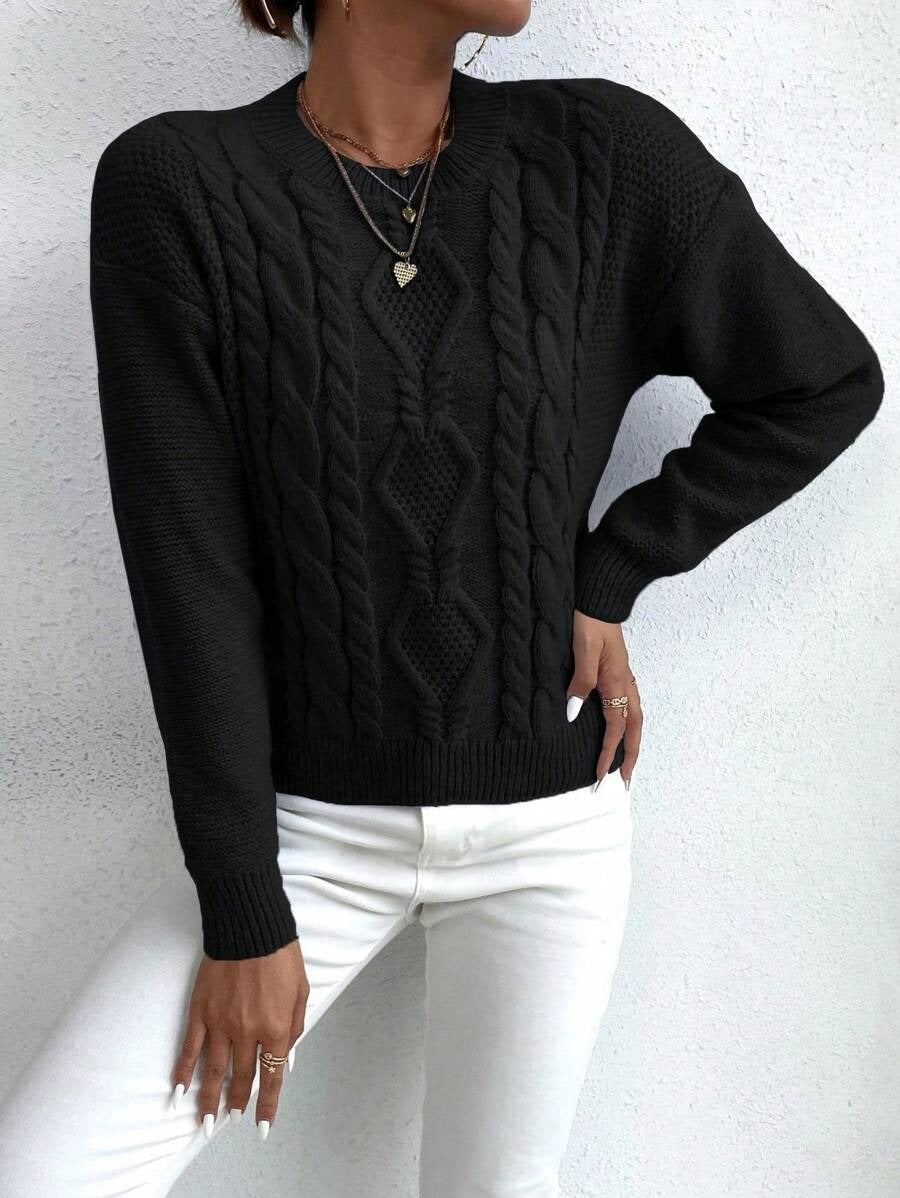 Damen Grobstrickpullover mit elegantem Zopfmuster und Rundhalsausschnitt Drune