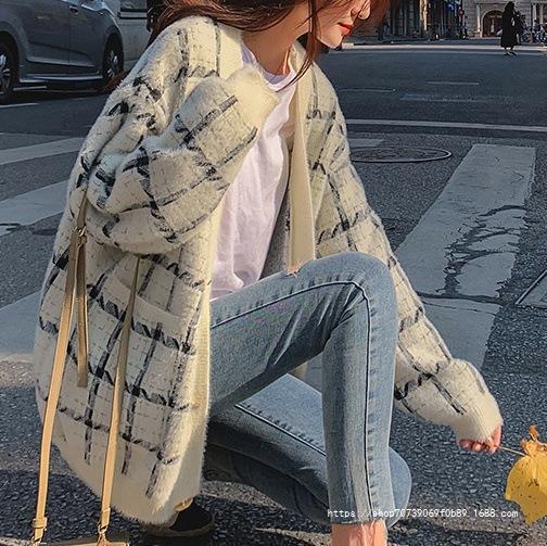 Damen Kuscheliger Oversized-Strickcardigan mit Karomuster Drune