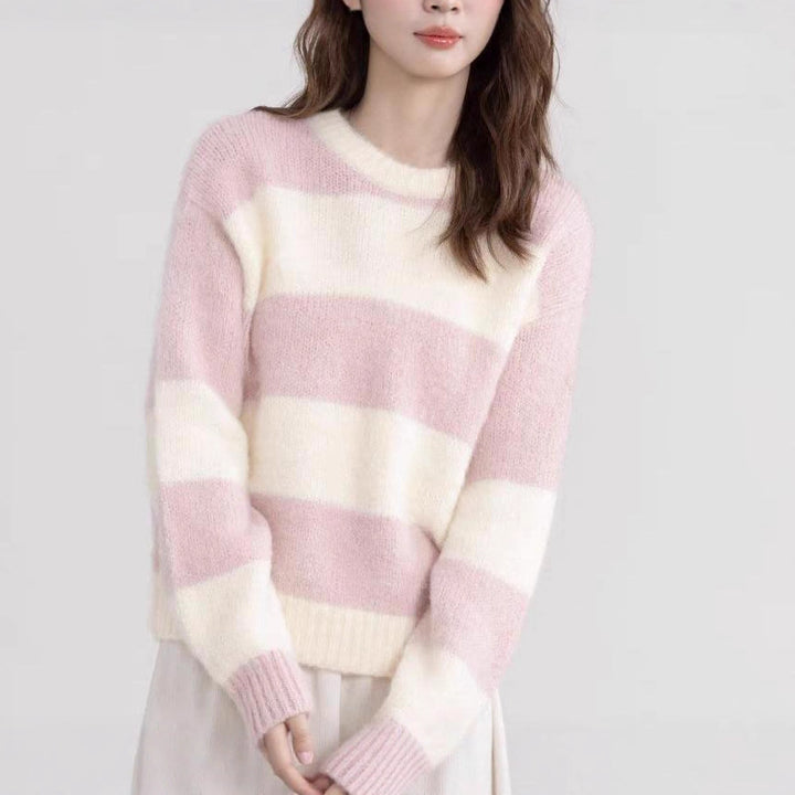 Damen Modischer Kuschel-Pullover mit Streifenmuster Drune
