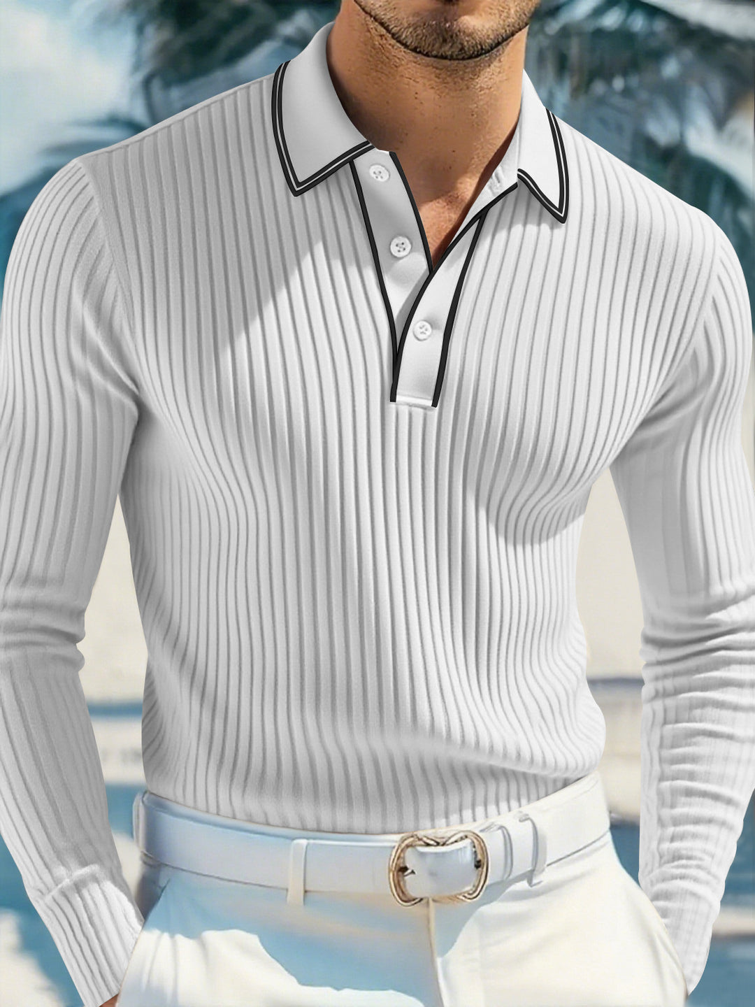 Herren nan schmal geschnittenes Rippstrick-Poloshirt mit Langarm, Kontrastpaspel und feiner Struktur Drune