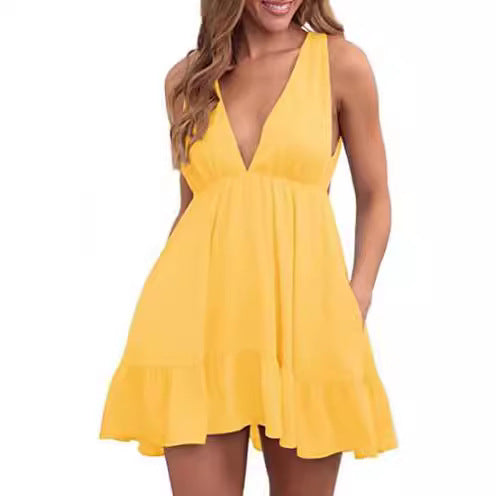Damen lässiges Minikleid mit V-Ausschnitt und Rüschendetails Drune
