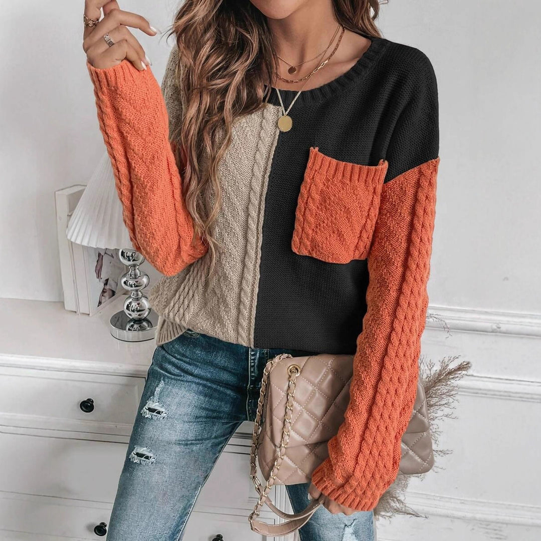 Damen Gemusterter Strickpullover mit bunten Kontrastärmel und Taschen Drune