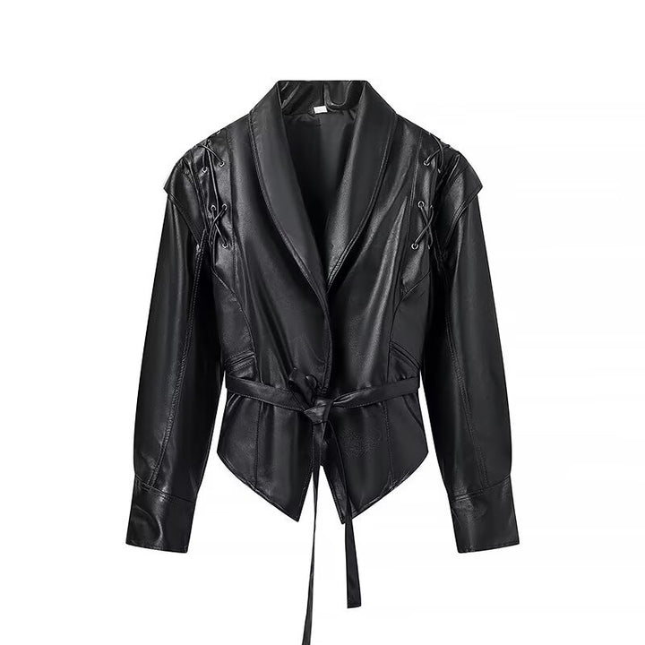 Damen Kunstlederjacke mit taillierbarem Gürtel und kontrastierenden Nähten Drune