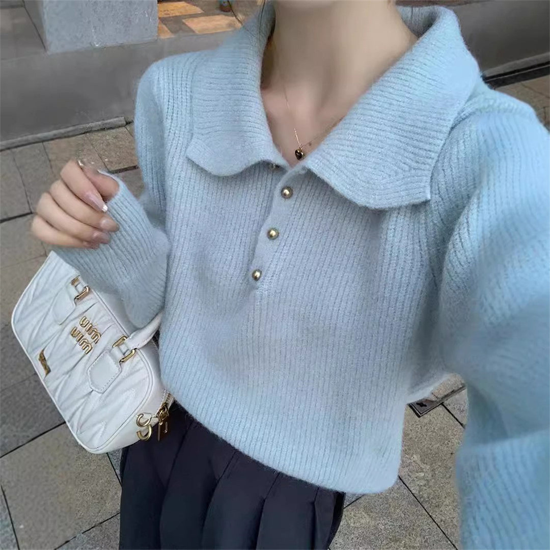 Damen Pullover mit strukturiertem Polo-Kragen und Knopfdetails Drune