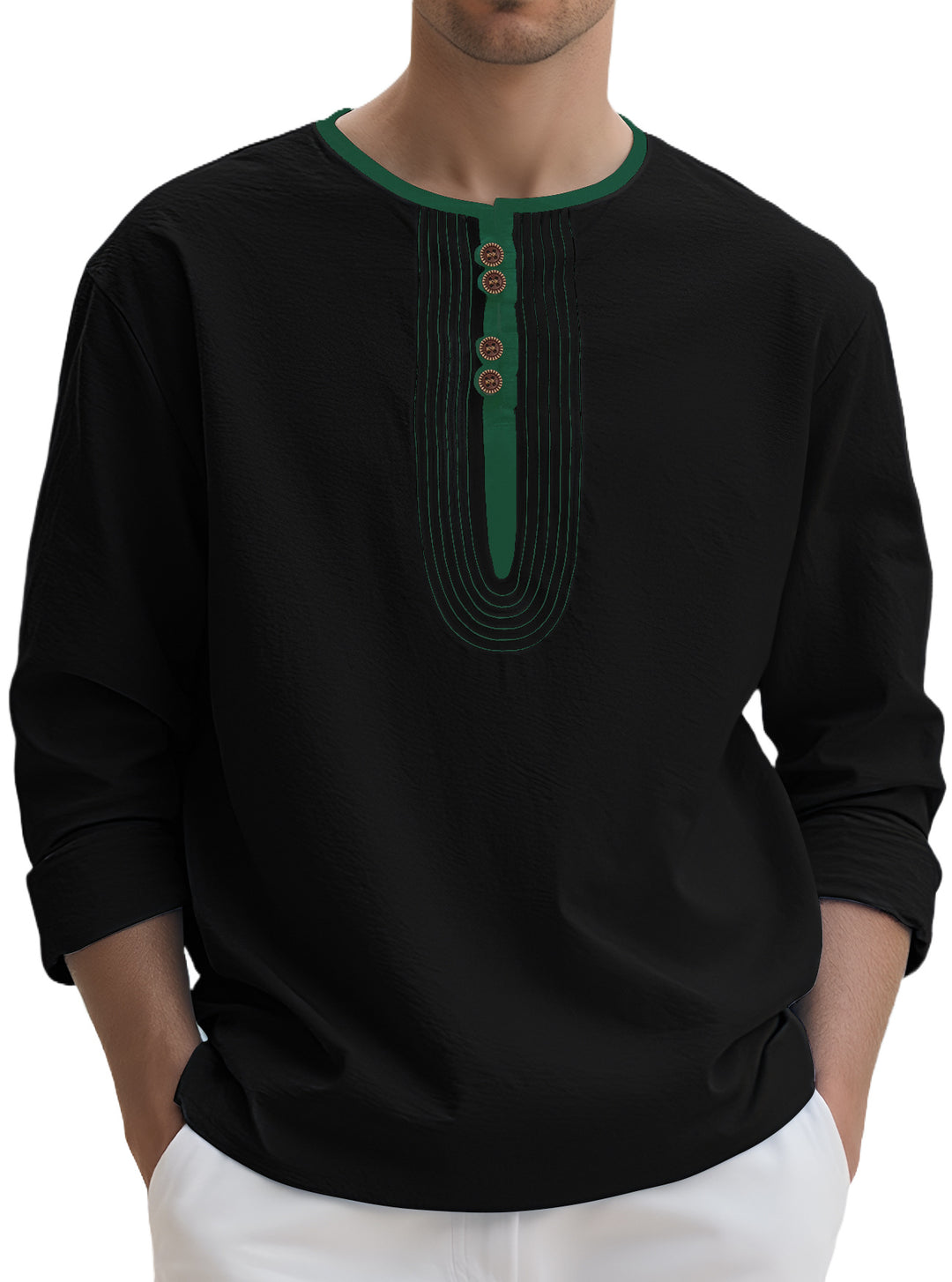Herren nan weit geschnittenes Langarm-Kurta-Oberteil mit dekorativen Biesen und Holzknopfleiste Drune