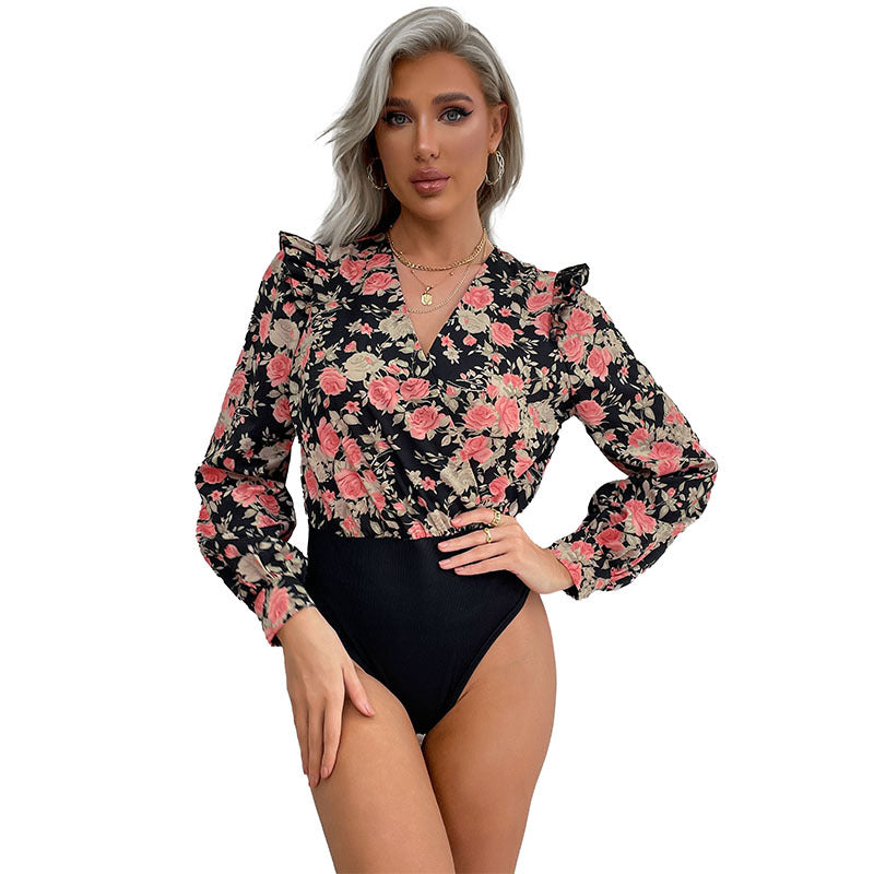 Damen Bluse mit floralen Mustern und rüschenverzierten Ärmeln Drune