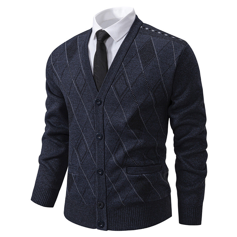 Herren nan feiner Rauten-Strickcardigan mit V-Ausschnitt, Knopfleiste und Eingriffstaschen Drune
