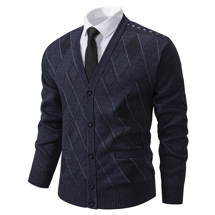 Herren nan feiner Rauten-Strickcardigan mit V-Ausschnitt, Knopfleiste und Eingriffstaschen Drune