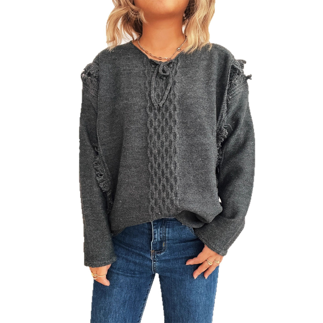 Damen Oversize-Strickpullover mit verspieltem Fransen-Design und Zopfmuster Drune