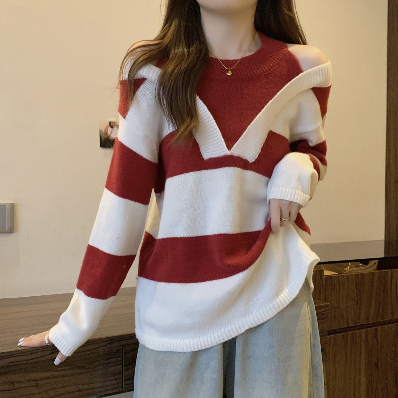 Damen V-Ausschnitt Oversized-Pullover mit modischem Streifenmuster und offenem Schulterdesign Drune