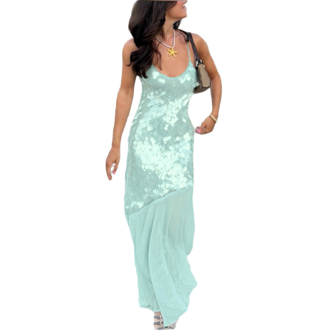 Damen schimmerndes ärmelloses Maxikleid mit funkelnden Pailletten Drune