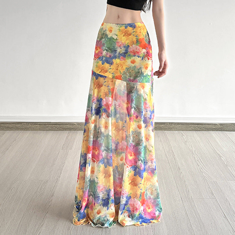 Damen Maxi-Rock mit floralem Chiffon-Design und schwingendem Saum Drune